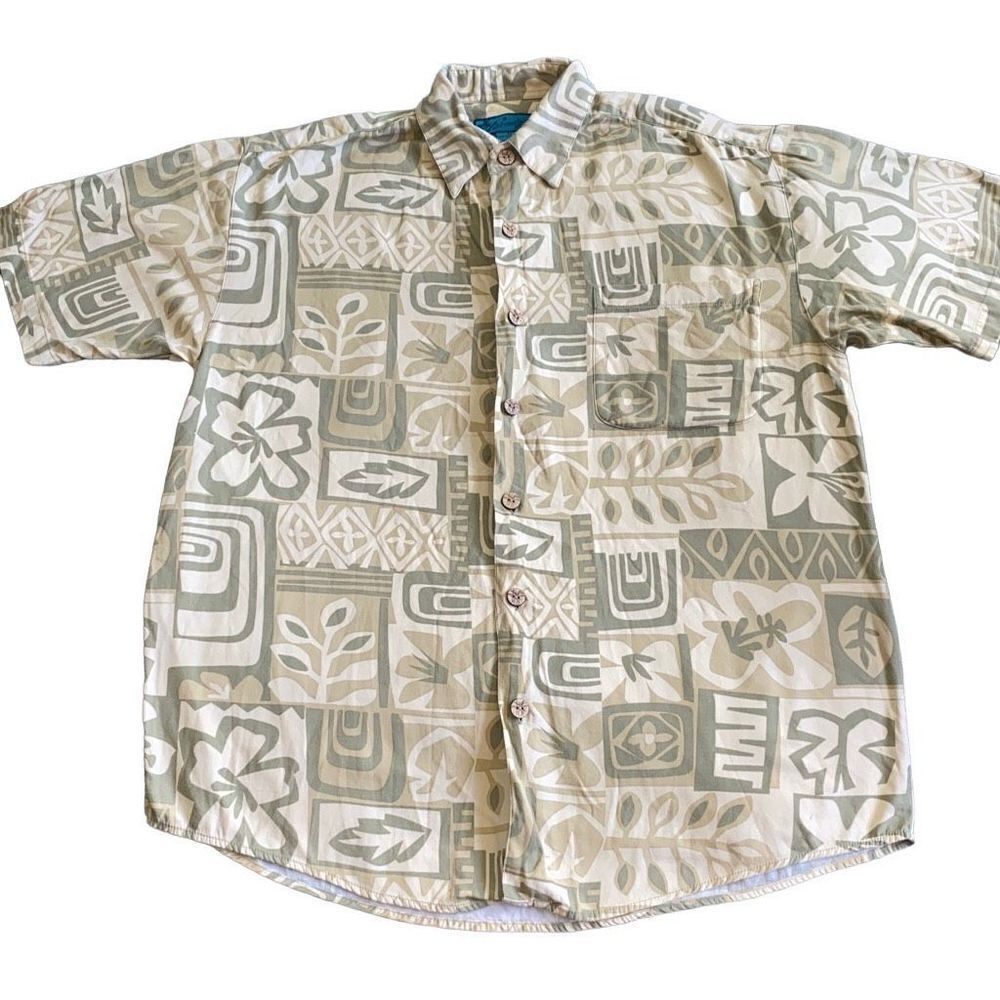 Paradise Blue EUC Bamboo Viscose Hawaiian Aloha Shirt All-Over Tropical Geometri